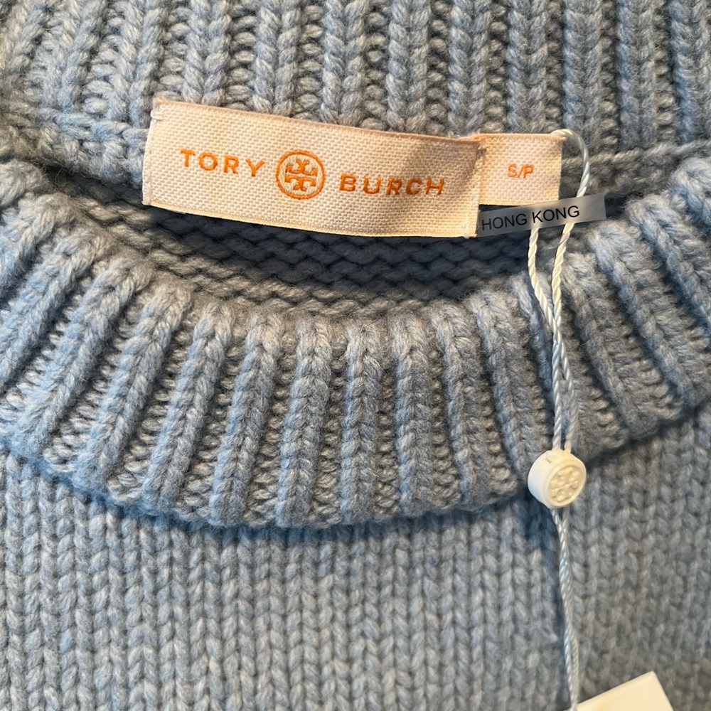 NWT Tory Burch Oversized Crew Neck Wool Sweater Dove Blue Size Small - Picture 12 of 13